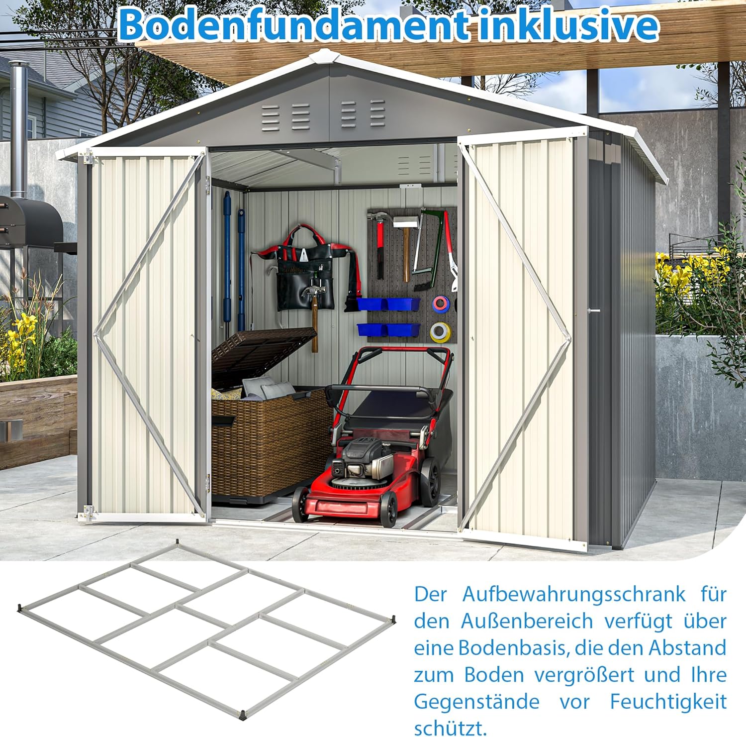 Metall Gerätehaus 9m³ Gerätehaus mit Pultdach,Gartenhaus Geräteschuppen Garten Schuppen Inkl. Metallfundament (ohne Boden), Geräteschrank für Garten,Grau