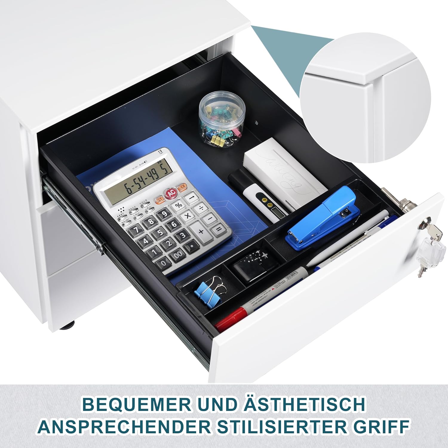Rollcontainer mit Schubladen, Mobiler Aktenschrank unter Schreibtisch, Abschließbarer Büroschrank, Druckertisch, 3 Schubladen 4 Schlüssel, Vormontiert, Büro, Homeoffice, Weiß