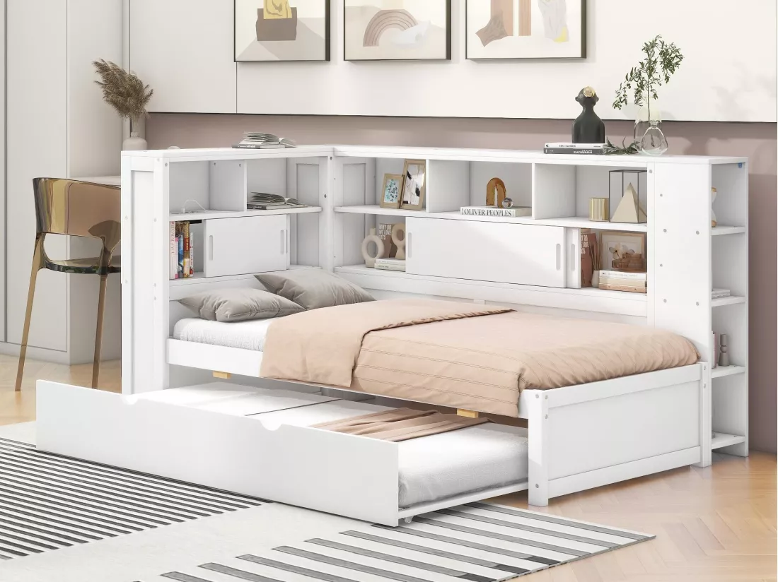 Lit gigogne en bois massif 90x200cm avec Ports de charge USB - entouré d'un cercle de rangements - Blanc