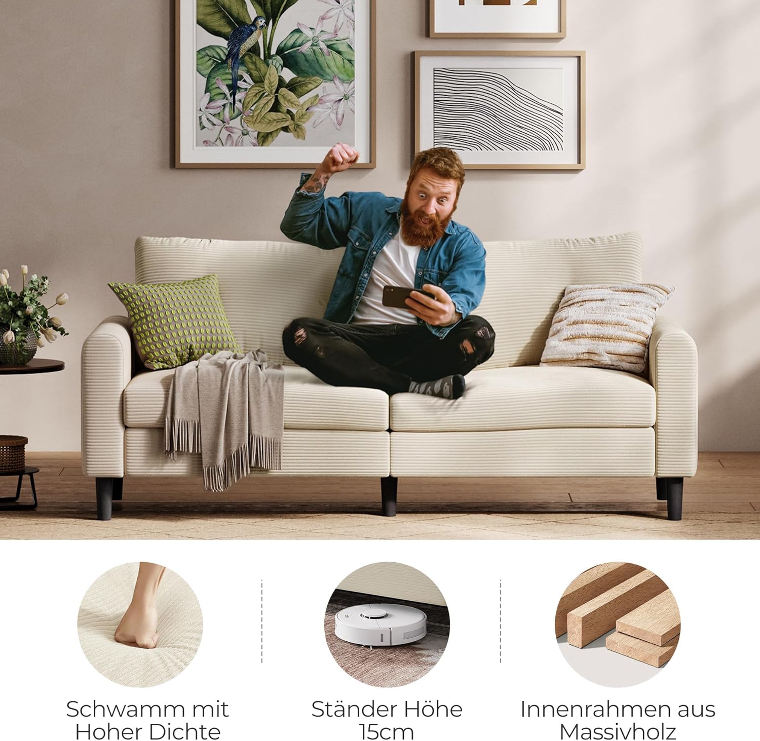 LINSY HOME Sofa 3 Sitzer, 201cm Breit Sofas mit Verstellbarer Sitztiefe, Kleine Sofacouch für Wohnzimmer Schlafzimmer Wohnung Büro