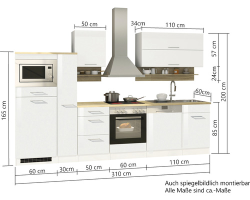 Held Furniture keukenblok zonder apparatuur Milan 310 cm wit hoogglans gedemonteerd omkeerbaar model 571.1.6210