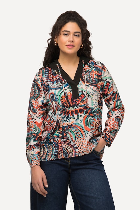 Kapuzen-Bluse, Paisley, A-Linie, V-Ausschnitt, Langarm