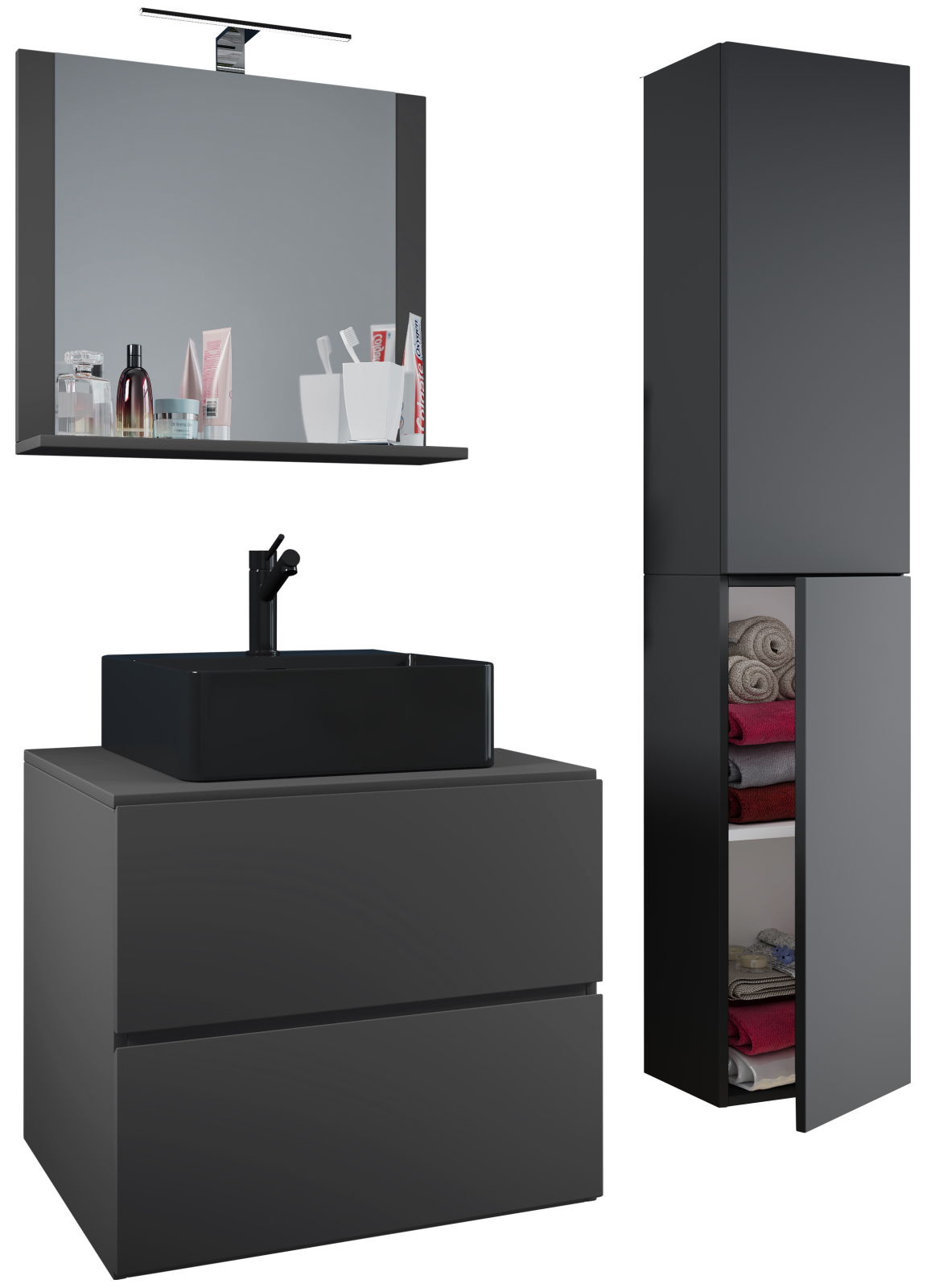 4-teiliges Badmöbel-Set LENDAS BL L - anthrazit - mit Hochschrank - 94 cm