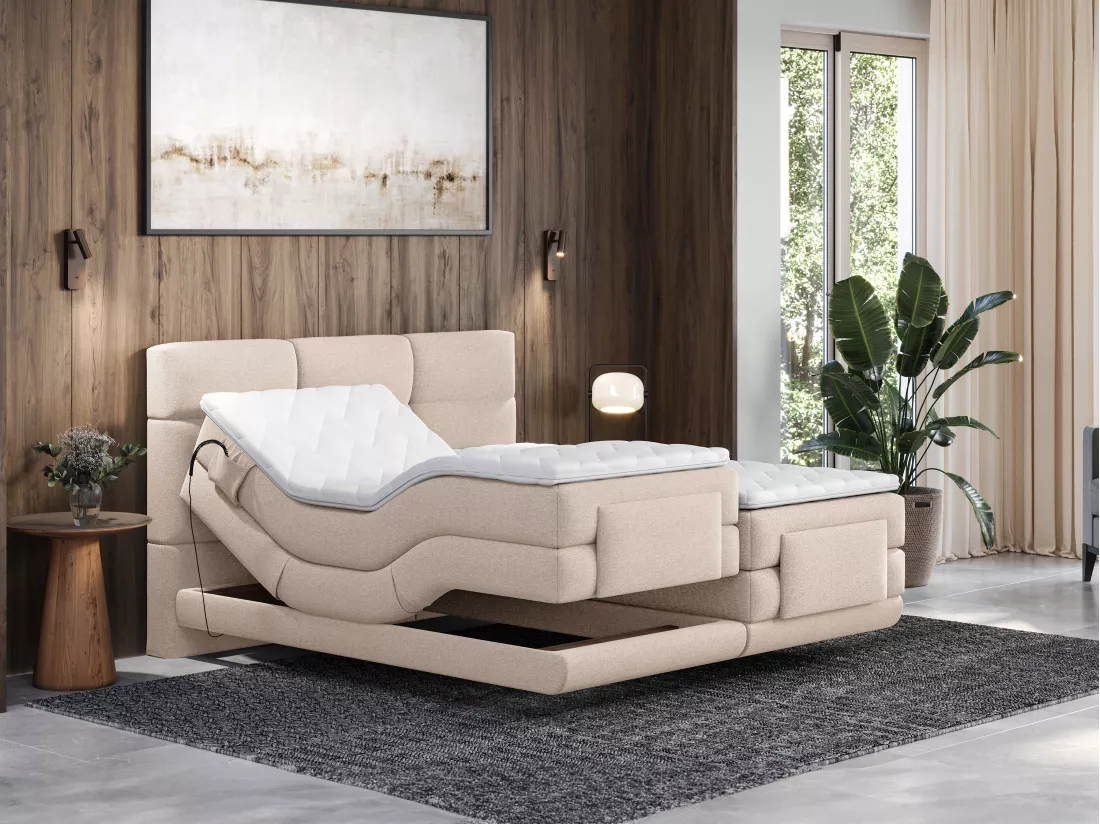 Ensemble complet boxspring tête de lit capitonnée + sommiers relaxation électrique + matelas + surmatelas - 2 x 80 x 200 cm - Tissu - Beige - LODI de PALACIO