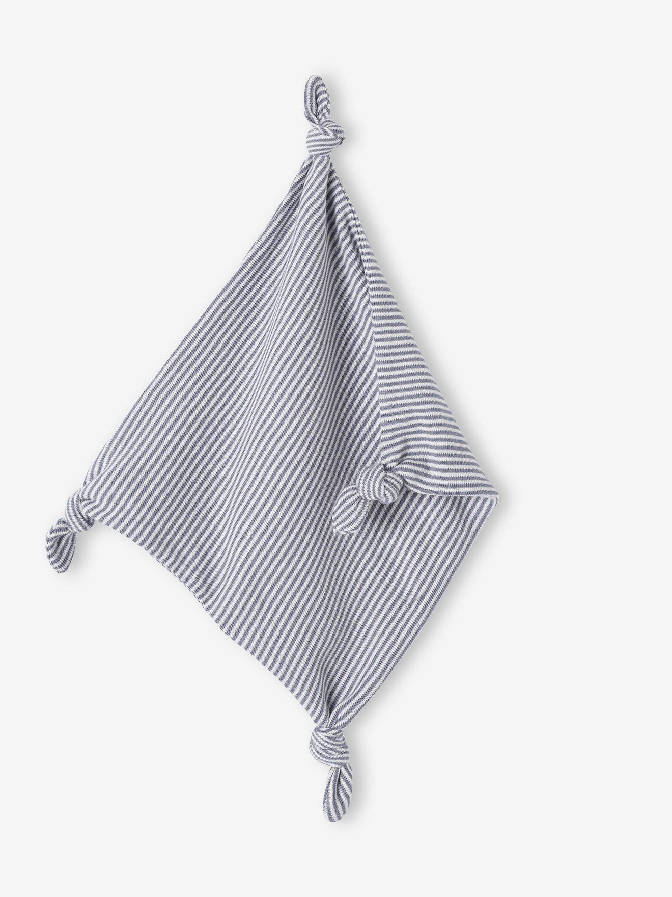 Conjunto de 3 peças para recém-nascido: macacão + body + manta de algodão orgânico na cor jeans azul.