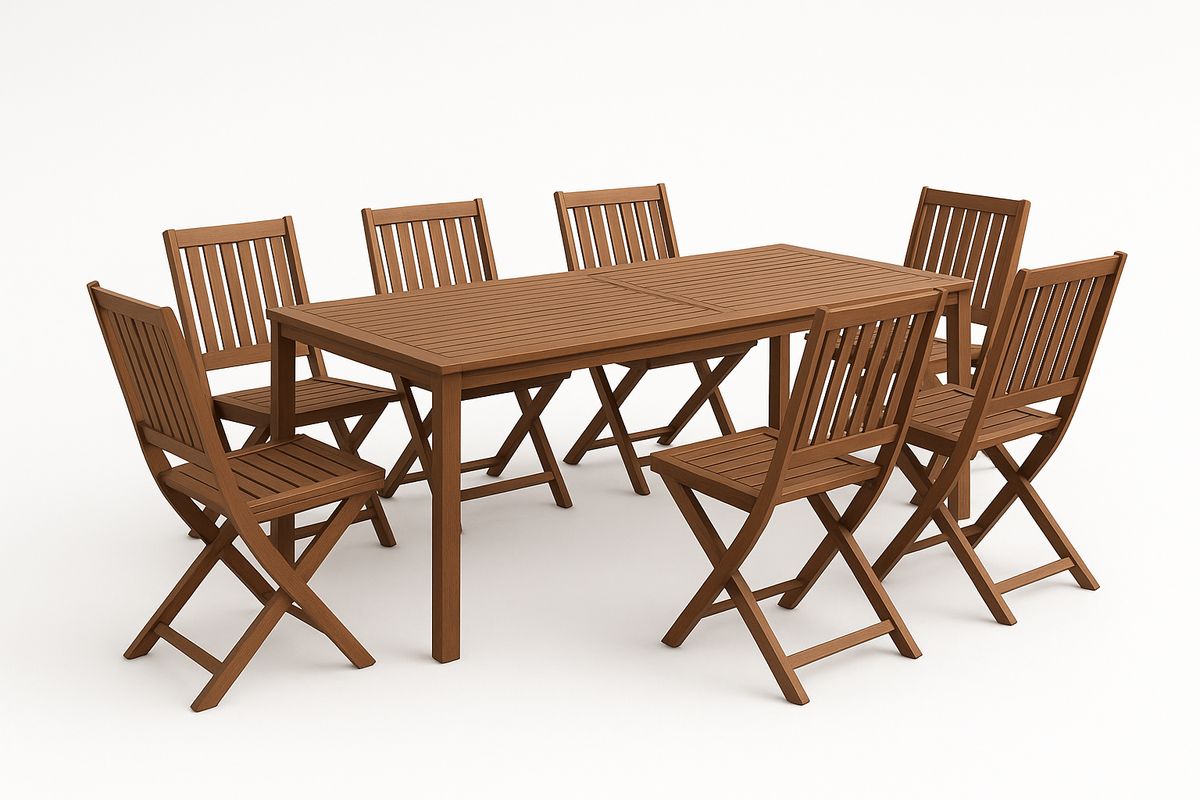 Gartenmöbelset aus Holz rechteckig Tisch und 7 Klappstühle Braun