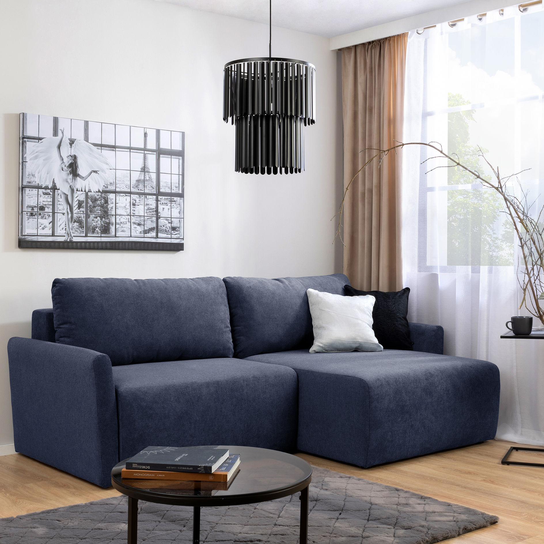 Ecksofa - marine - Liegefunktion und Staukasten - 228x146 cm