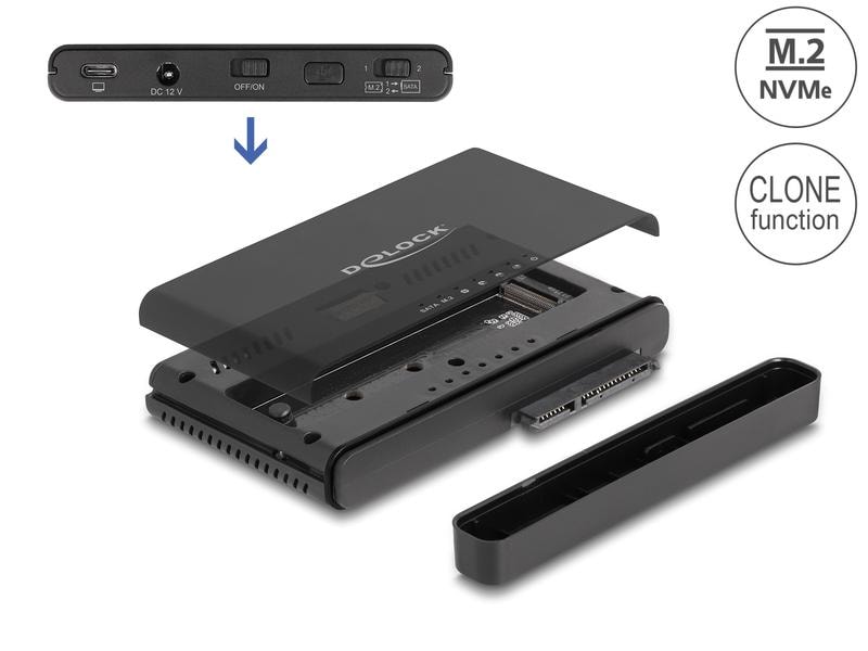 Delock Konverter USB-C für 1x M.2 NVMe SSD  1x SATA SSD/HDD Delock USB Type-C Konverter für 1 x M.2 NVMe SSD   1 x SATA SSD / HDD mit Klon Funktion