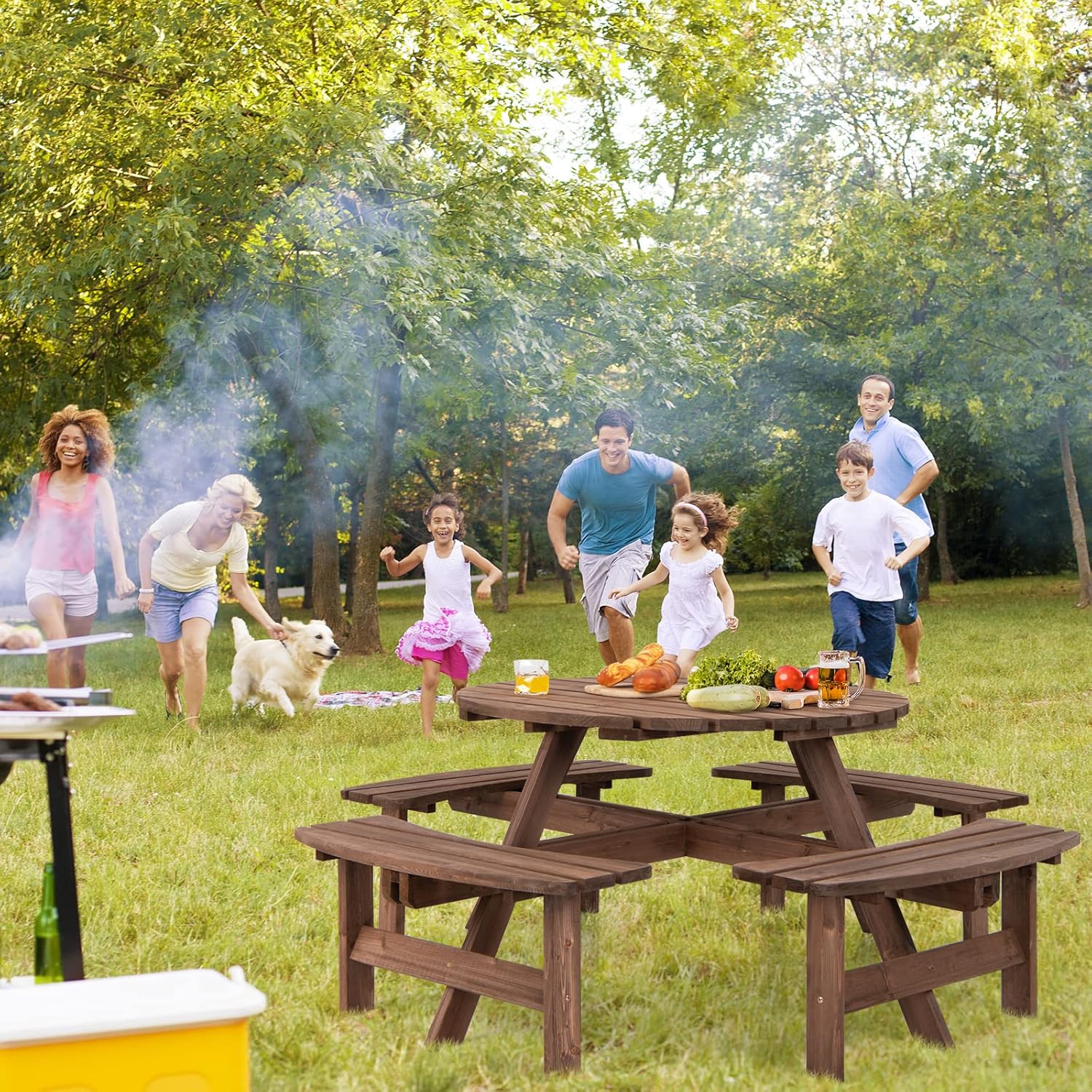 GIANTEX Gartenmöbel Set Holz 8 Personen, Garten Sitzgruppe 4 Bänken & 1 Gartentisch, Picknicktisch mit Schirmloch, Bierzeltgarnitur Bierbankgarnitur Biertischgarnitur Massiv Tannenholz wetterfest