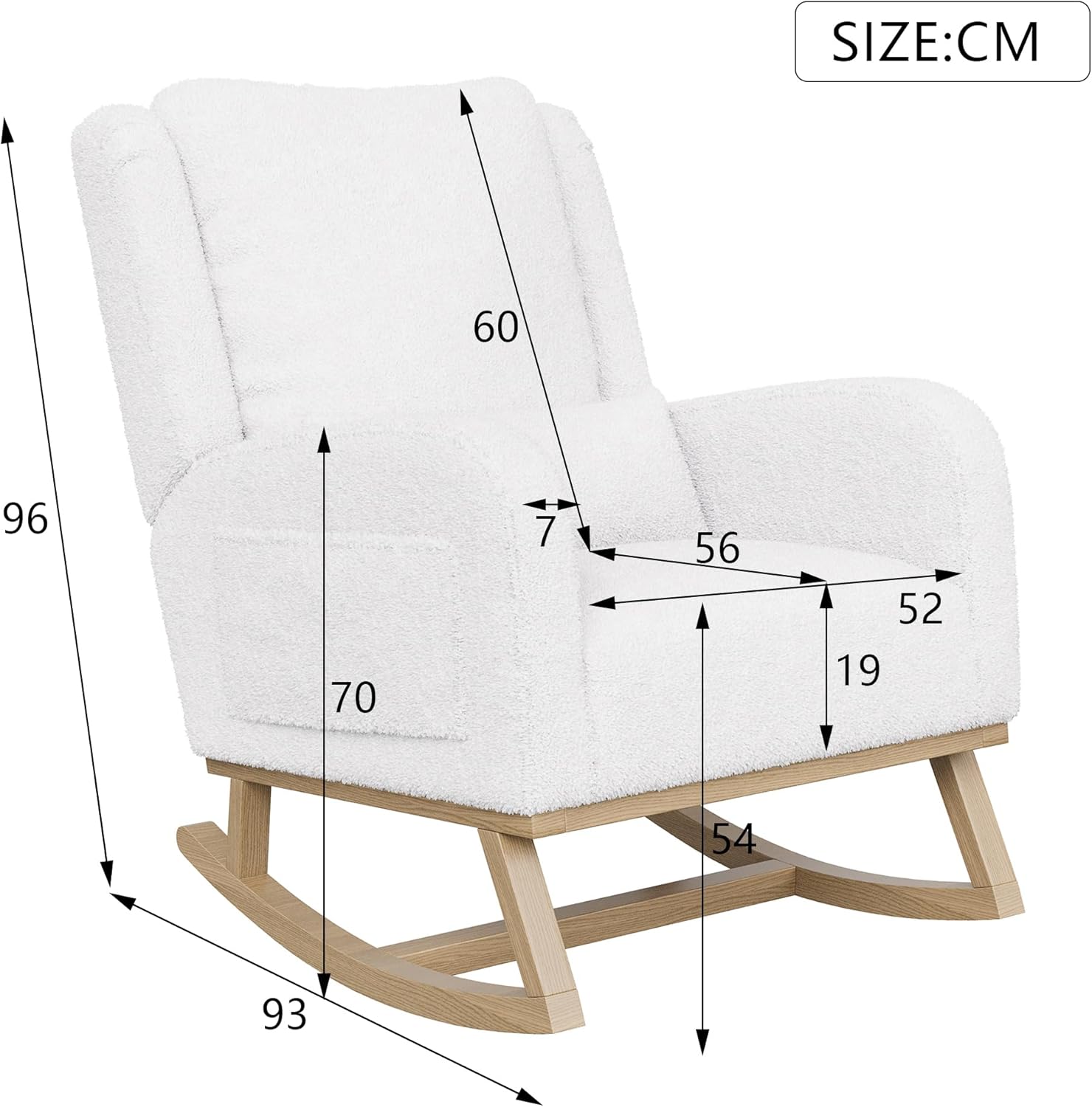 Schaukelstuhl,Stillsessel Schaukelsessel mit Lendenkissen,Teddy Velvet Gepolsterter Sessel mit Holzbeinen & Seitentaschen, Schwingsessel für Wohnzimmer Schlafzimmer Balkon (Weiß-C)