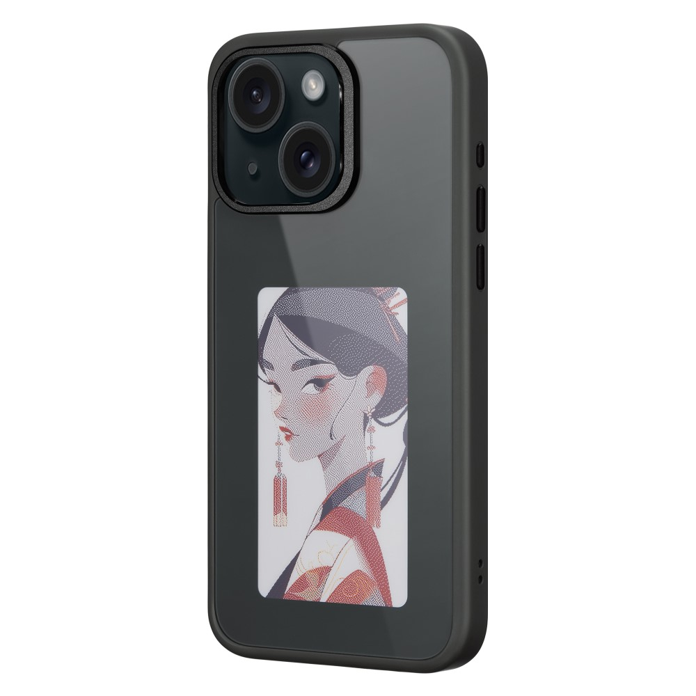 iPhone 15 Hybrid Hülle TPU Bumper mit Acryl Rückseite   DIY E-Ink Display mit NFC Technologie - Schwarz