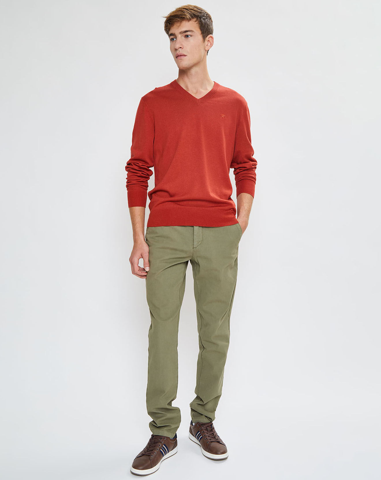 Hackett London Pull en Laine mélangée col V coudières orange/rouge