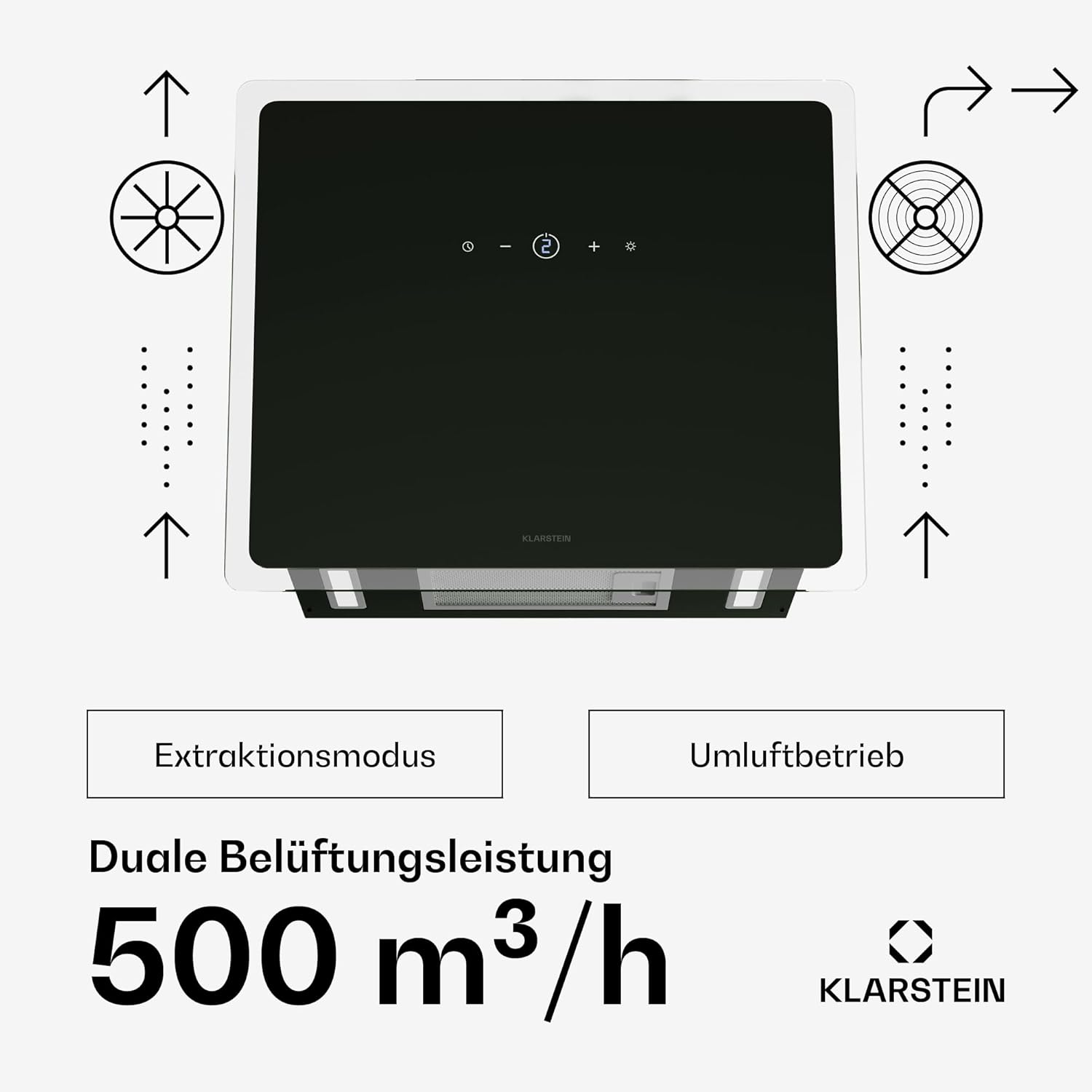 Klarstein AlizeEdge Dunstabzugshaube - 60 cm Wandhaube, Flaches Design, Touch-Steuerung, 487 m³/h Luftdurchsatz, A+ Energieeffizienz, LED-Beleuchtung, Leise 38 dB, Abluft & Umluft, Schwarz