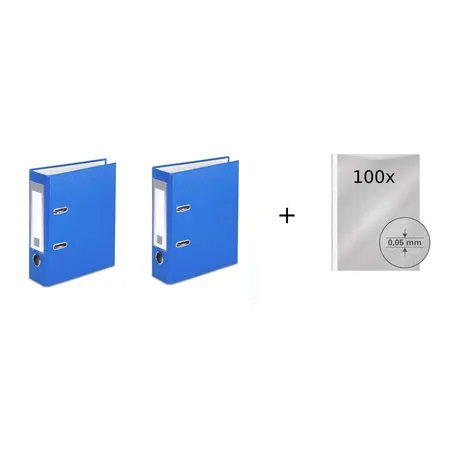 Livepac Office 2x Ordner DIN A5 75mm Farbe: mittelblau + 100 Prospekthüllen