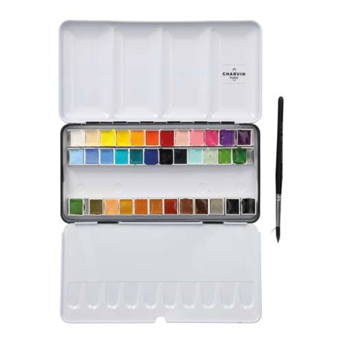 CHARVIN extrafeine Aquarellfarbe, 36 x 1/2 Näpf. und 1 Pinsel, Metallkasten