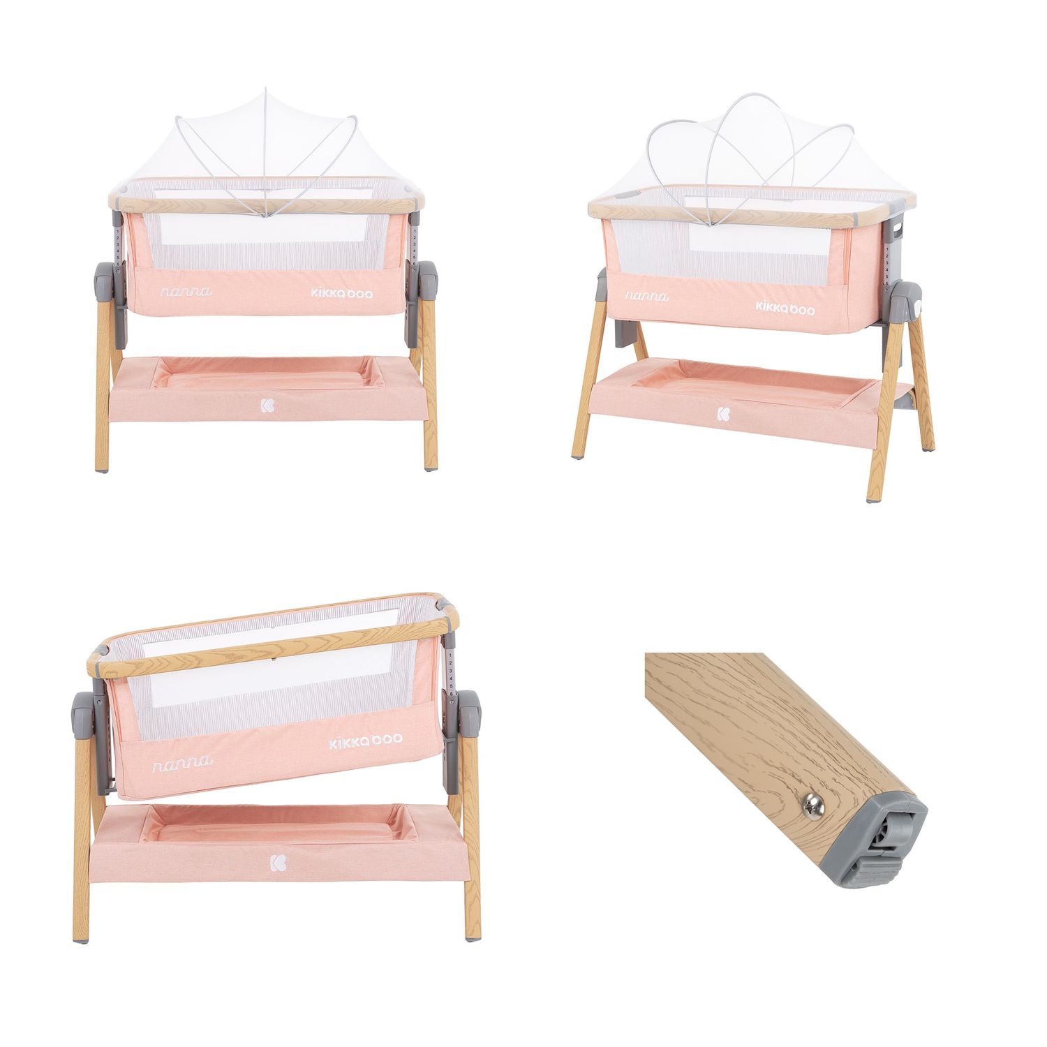 Kikkaboo Beistellbett Nanna Matratze höhenverstellbar Moskitonetz Räder Korb pink