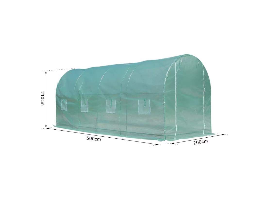 Serre de jardin tunnel surface sol 10 m² 5L x 2l x 2,10H m châssis tubulaire renforcé porte zippée 8 fenêtres enroulables vert
