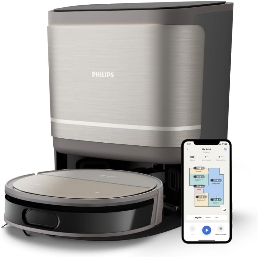 Philips 9000 Series Saug- und Wischroboter - mit automatischer Staubabsaugstation, rollender Wischmop, 8000 Pa Saugleistung, 6300 mAh Akkukapazität, 300ml Staub- und 260ml Wasserbehälter (XU9100/10)