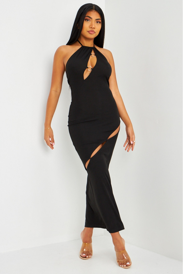 Robe longue noire ajourée à anneaux