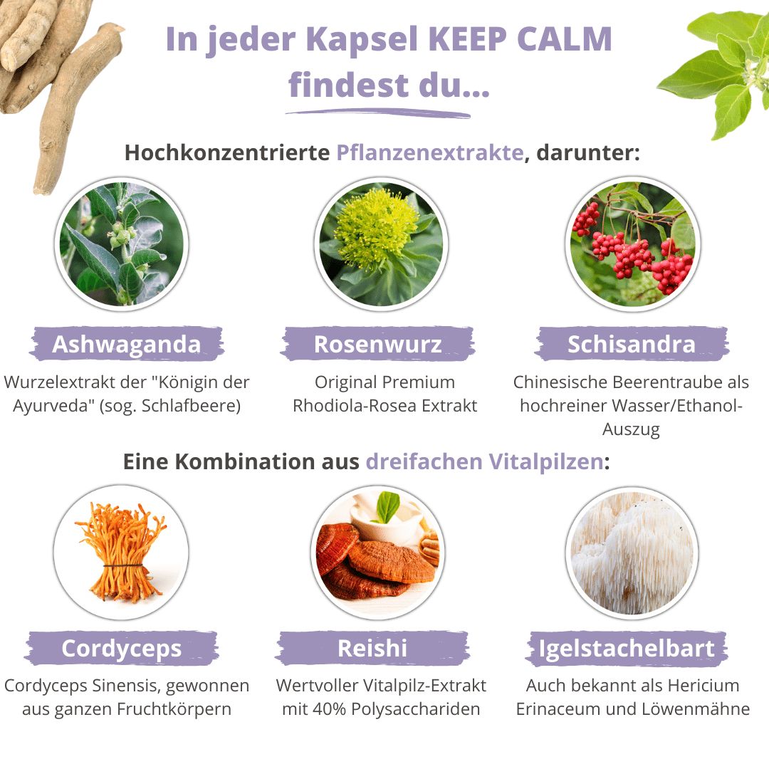 Nuala Naturals® - KEEP CALM Ashwagandha Rosenwurz Komplex mit Vitalpilzen