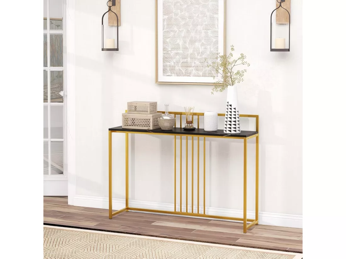 Table console, en faux marbre, design géométrique moderne 120 x 32 x 89 cm (noir)
