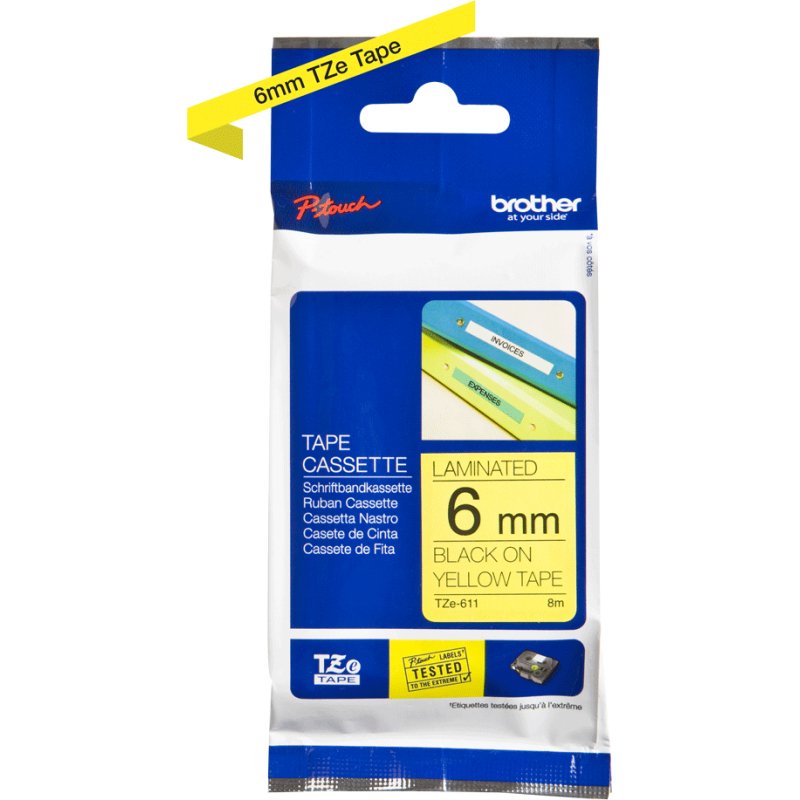 Ruban laminé Brother 6 mm TZE 611 jaune écriture noire