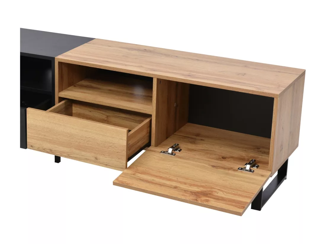 Meuble TV 190cm, avec 2 tiroir, 2 portes, 2 compartiment ouvert, style scandinave, Commode TV en chêne sauvage - Marron