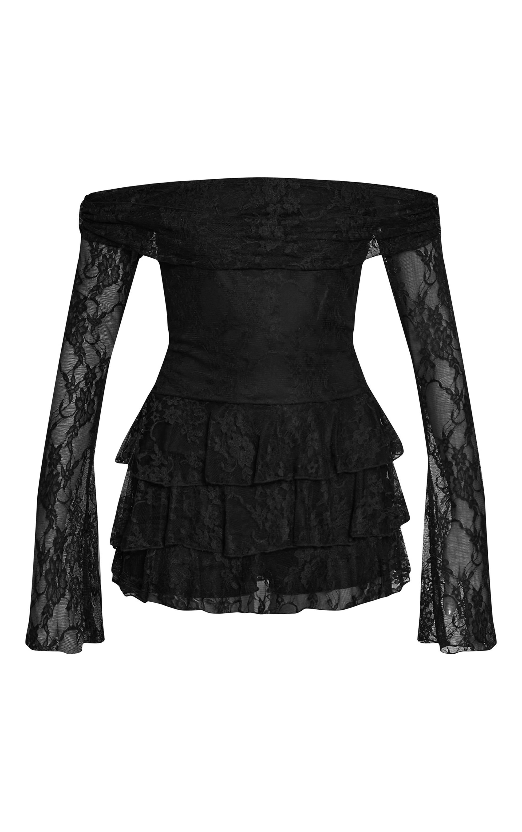 Noir Combinaison-short Dentelle À Manches Longues Épaules Dénudées