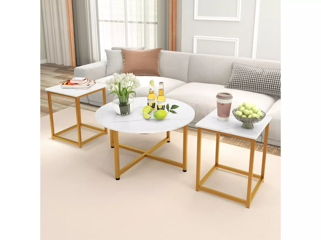 Table Basse Salon 3 Pcs, Table Basse Ronde avec 2 Tables d'Appoint Carrées, Cadre en Métal, Design Moderne Industriel, Table Salon Lot de 3 pour Salon, Chambre (Blanc doré)