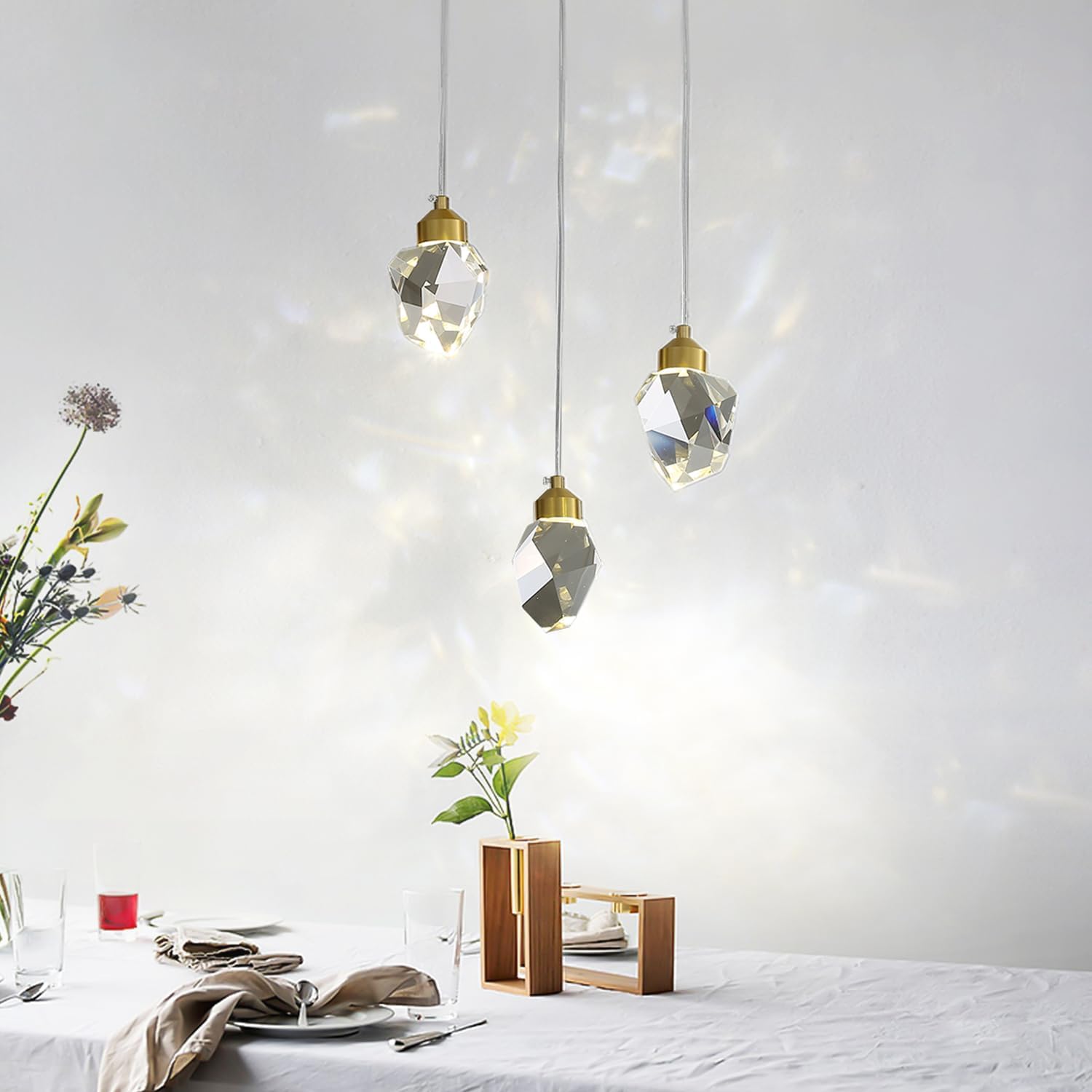 Moderne Kristall Pendelleuchte, 3-Farbige LED Kristall Pendelleuchte, Höhenverstellbare Goldene Decken Hängelampe, Für Kücheninsel Schlafzimmer Wohnzimmer Esszimmer (3-Köpfiger Runder Sockel)