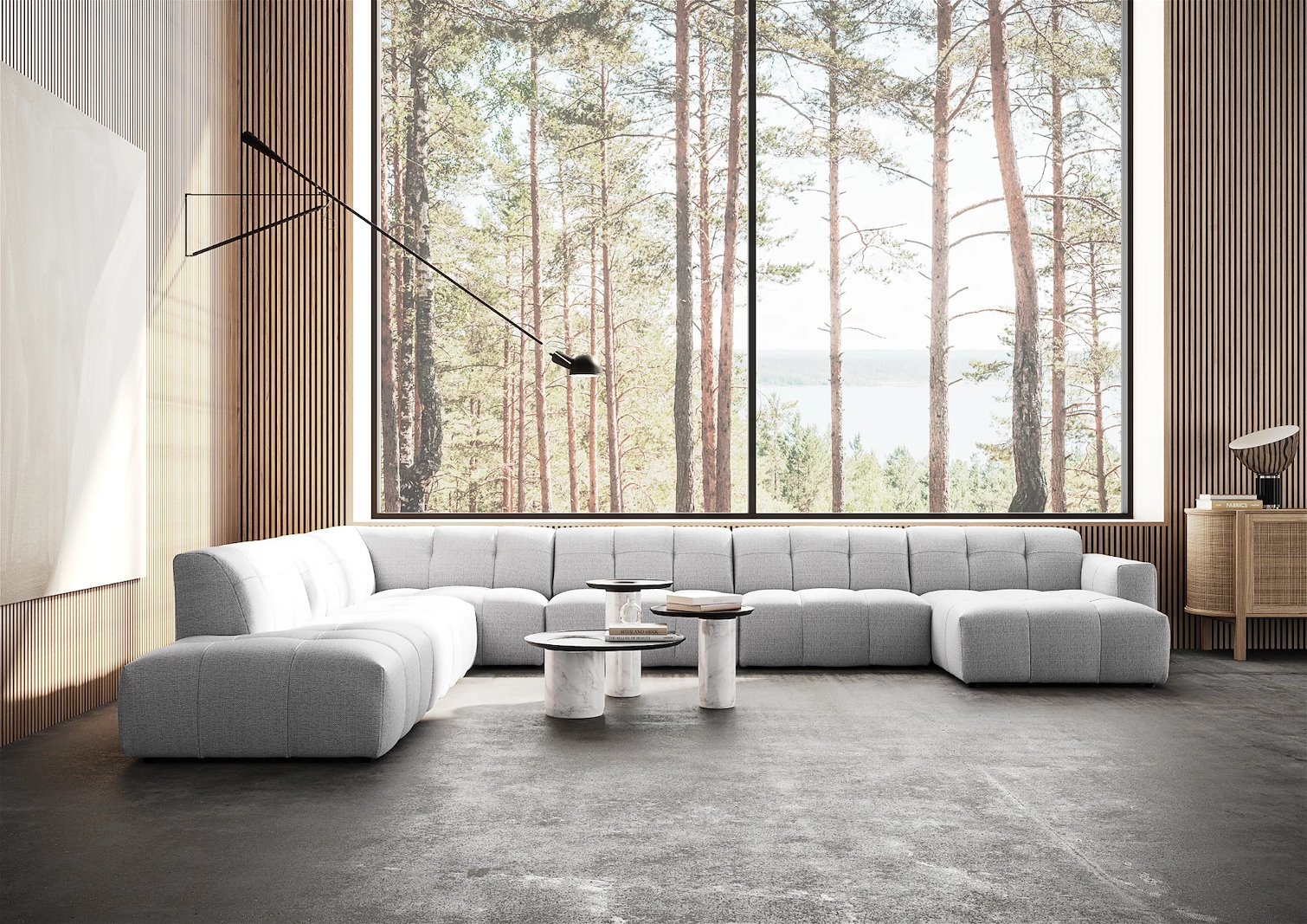 Chess U-sofa oppsett Åpen ende venstre, 1,5-seter, XL HJ, 3-seter og sjeselong høyre. Tekstil Evita Light Grey med sorte treben. Komfort C1