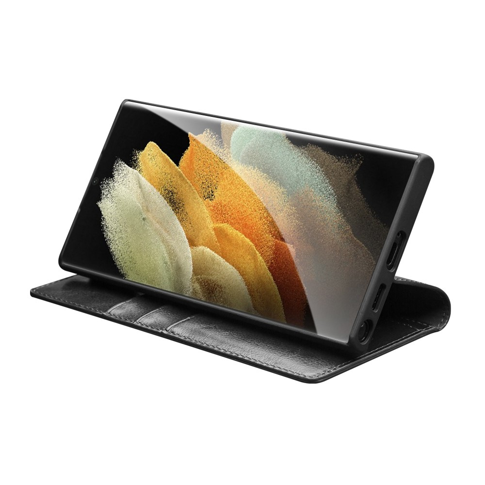 Samsung Galaxy S23 Ultra 5G Echtleder Tasche Flip Cover mit Kartenfächer - Schwarz