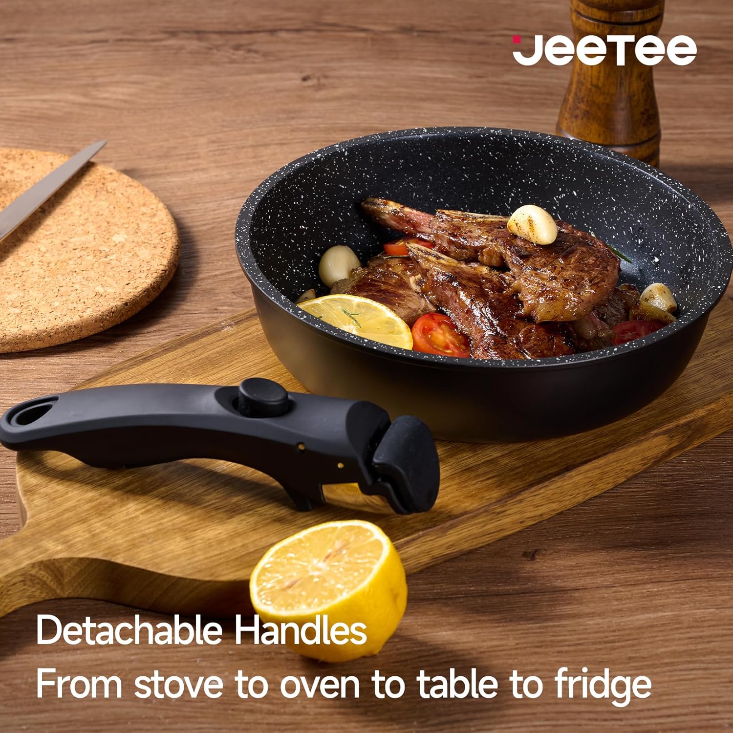 JEETEE Topfset Pfannenset mit abnehmbarem Griff 25-Teilig, Pfanne 20/26cm, Kochtopf 18/20cm, Tiefe Bratpfanne 26cm, Grillpfanne 26cm, Stapelbar Topfset Für alle Herdarten, Antihaft, Ofenfest, Schwarz