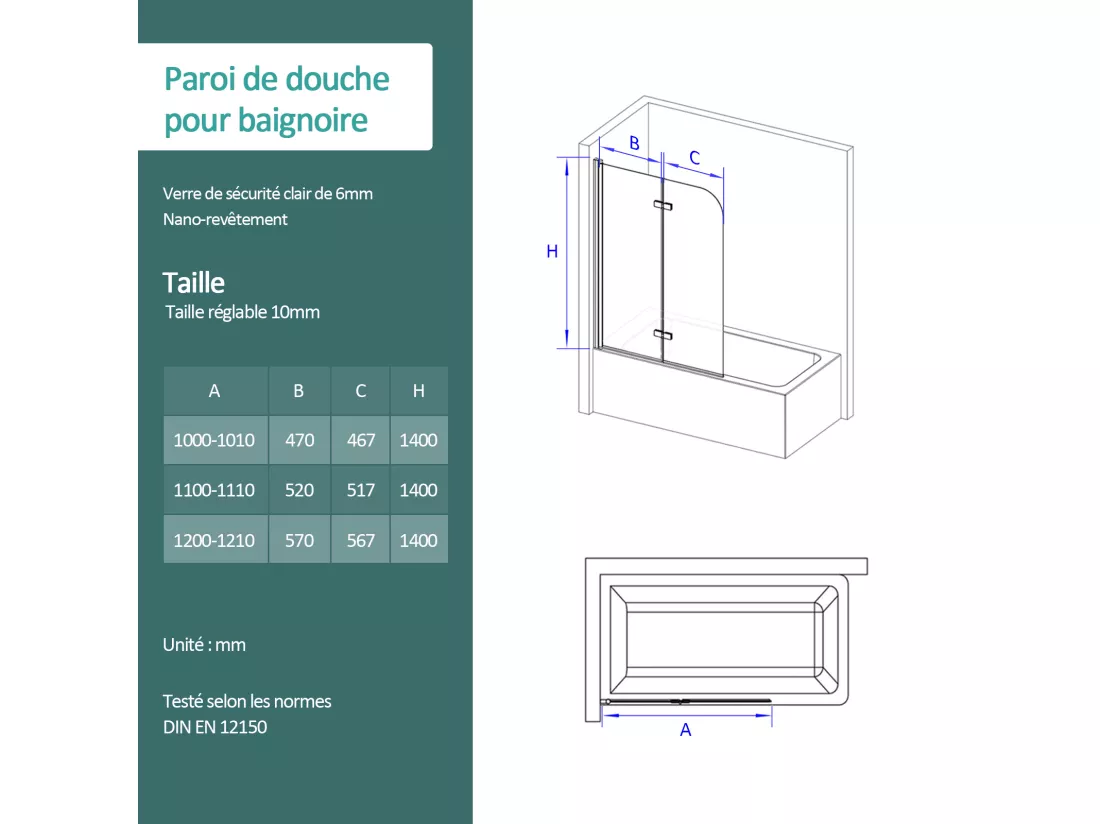 EMKE Pare de baignoire en 6 mm verre securit Paroi de douche pliable pour baignoire Revêtement Nano facile à nettoyer 110 x 140 cm