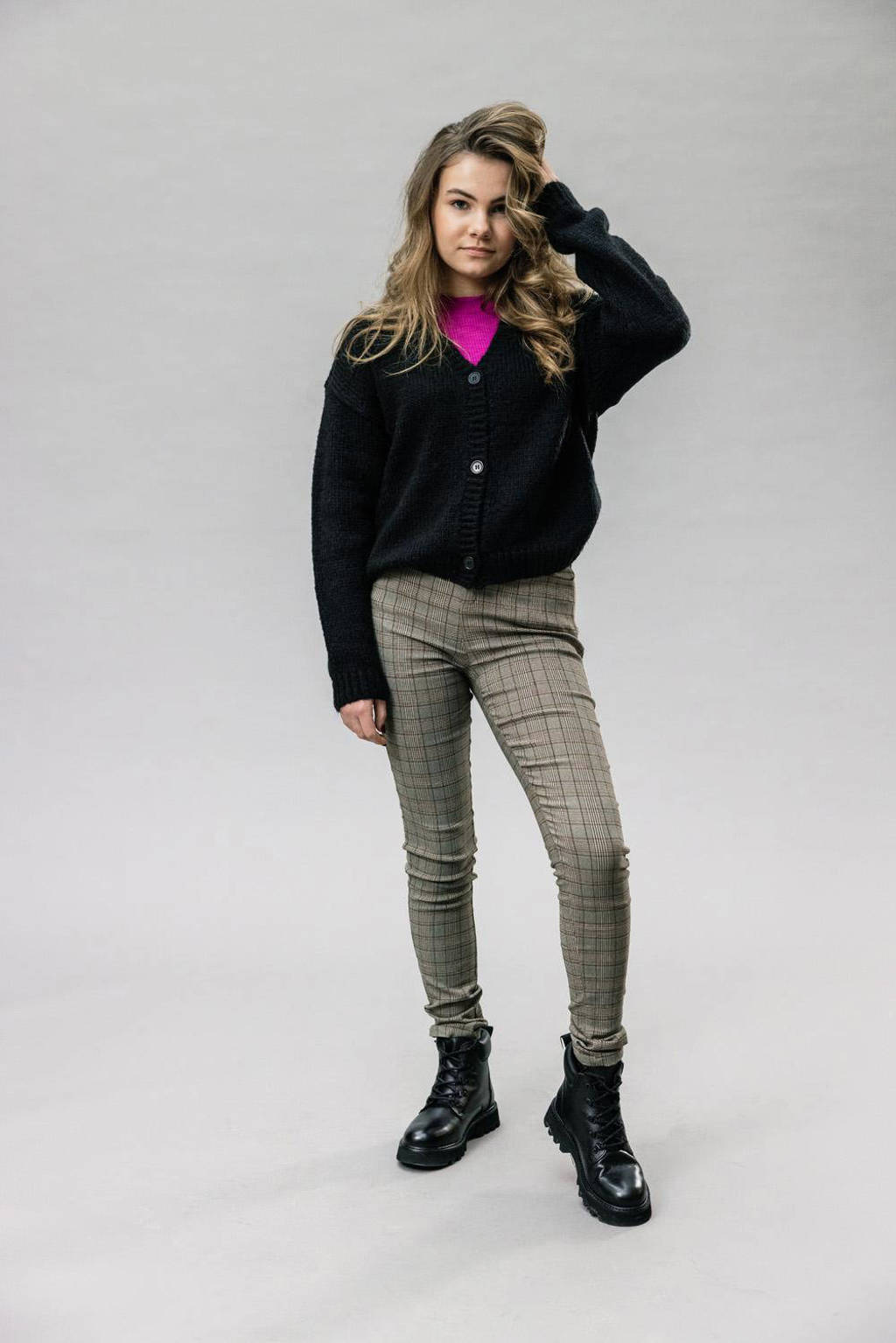 LOOXS geruite super skinny broek beige/grijs