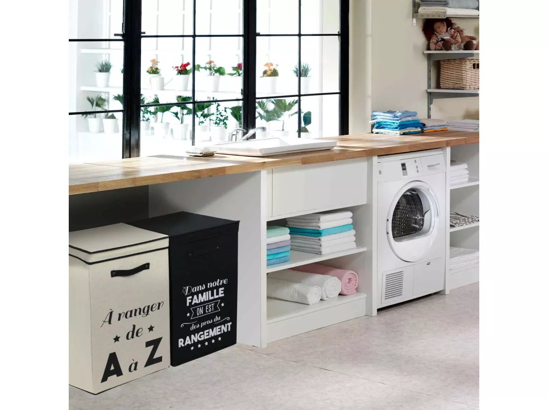 Panier à linge cartonnée avec couvercle 70L beige A ranger de A à Z