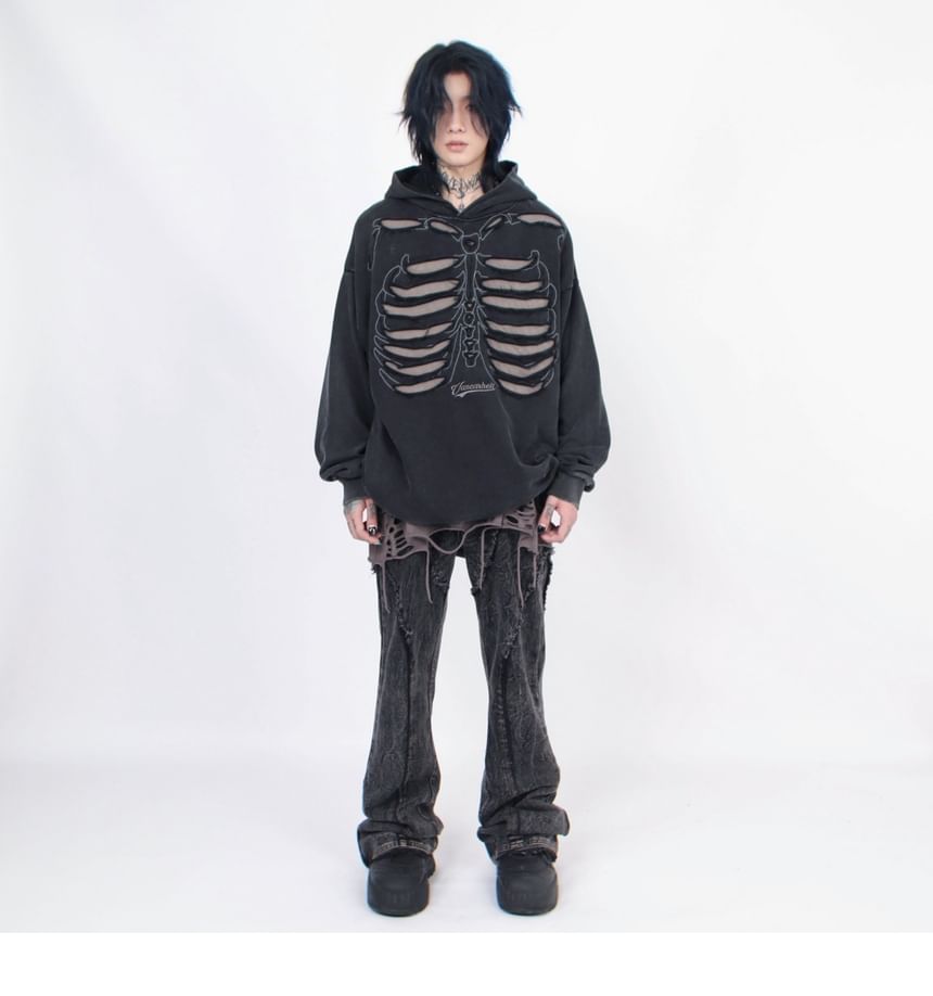Derbundy - Lange mouwen skeletprint hoodie met distressed wash