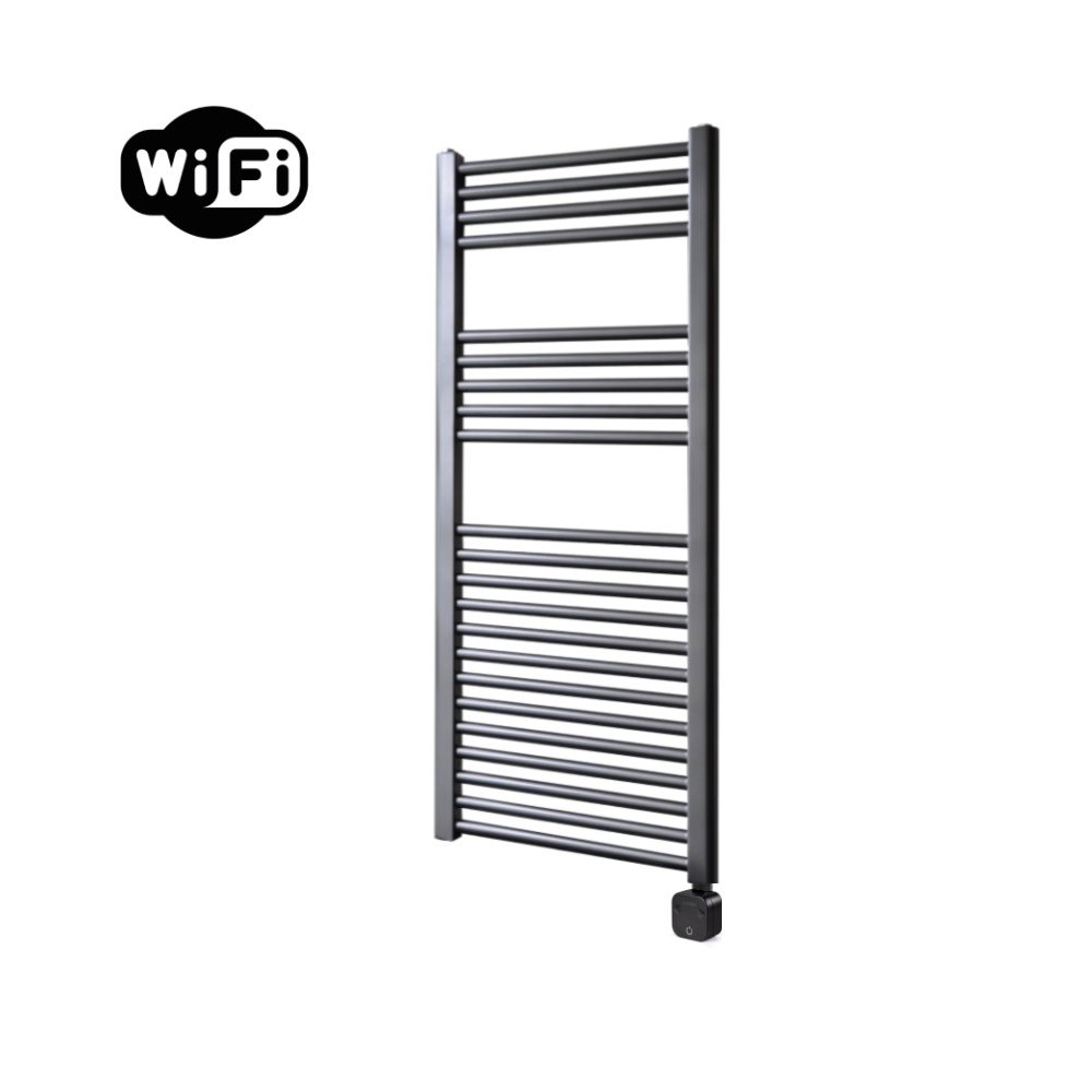 Sanicare Carini elektrische Wifi radiator 112x45cm gunmetal met thermostaat zwart rechtsonder