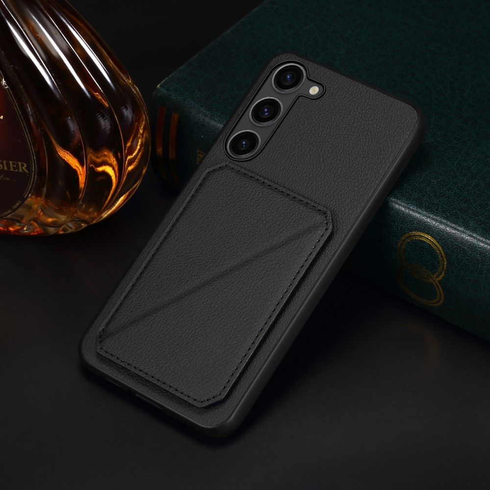 Samsung Galaxy S24  Plus Leder Hülle mit Kartenfach   Origami Kickstand Aufsteller im Litchi Look - Schwarz