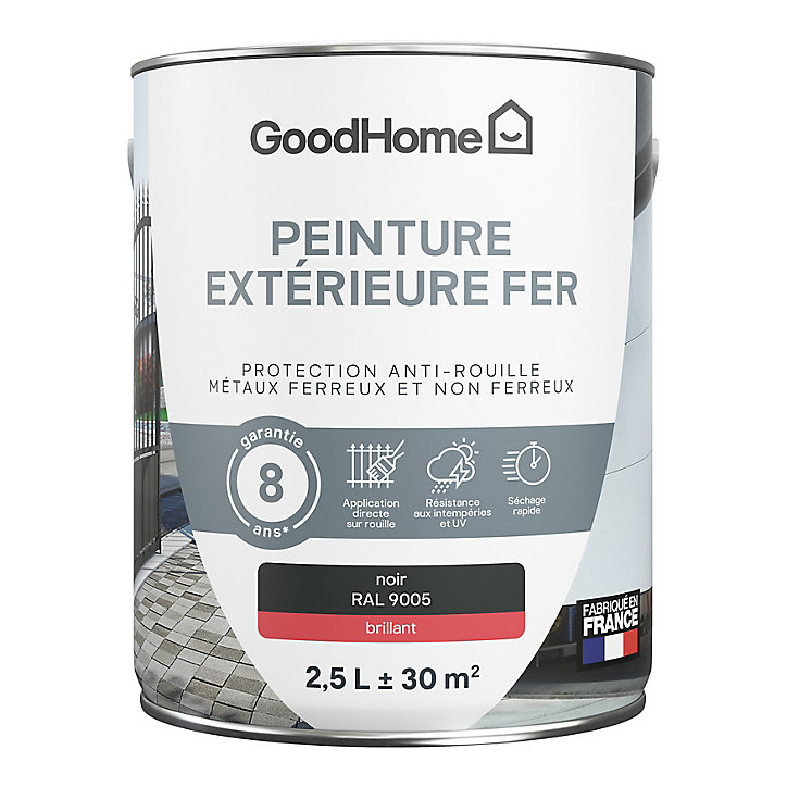 Peinture extérieure métal GoodHome noir RAL 9005 brillant 2.5L