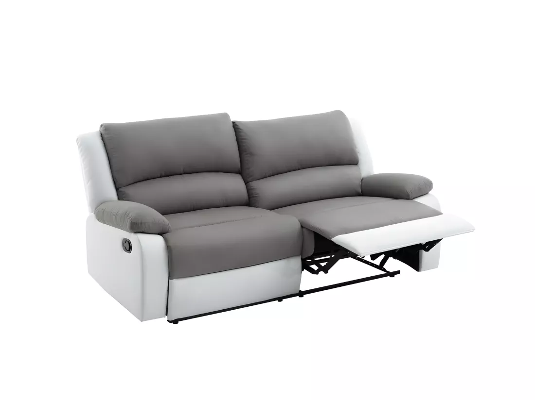 Canapé relax manuel 3 places avec 2 assises XXL Léo en microfibre et simili - Blanc/Gris - L193 x P93 x H96cm - Loungitude