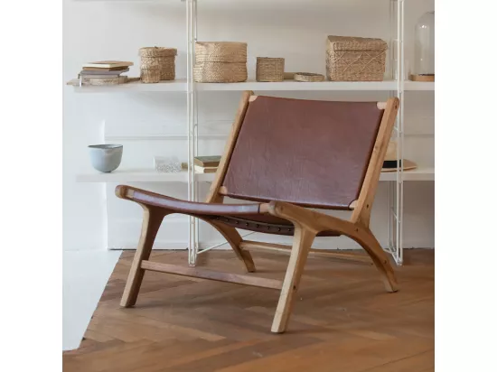 Fauteuil en teck et cuir lisse marron - Kuna