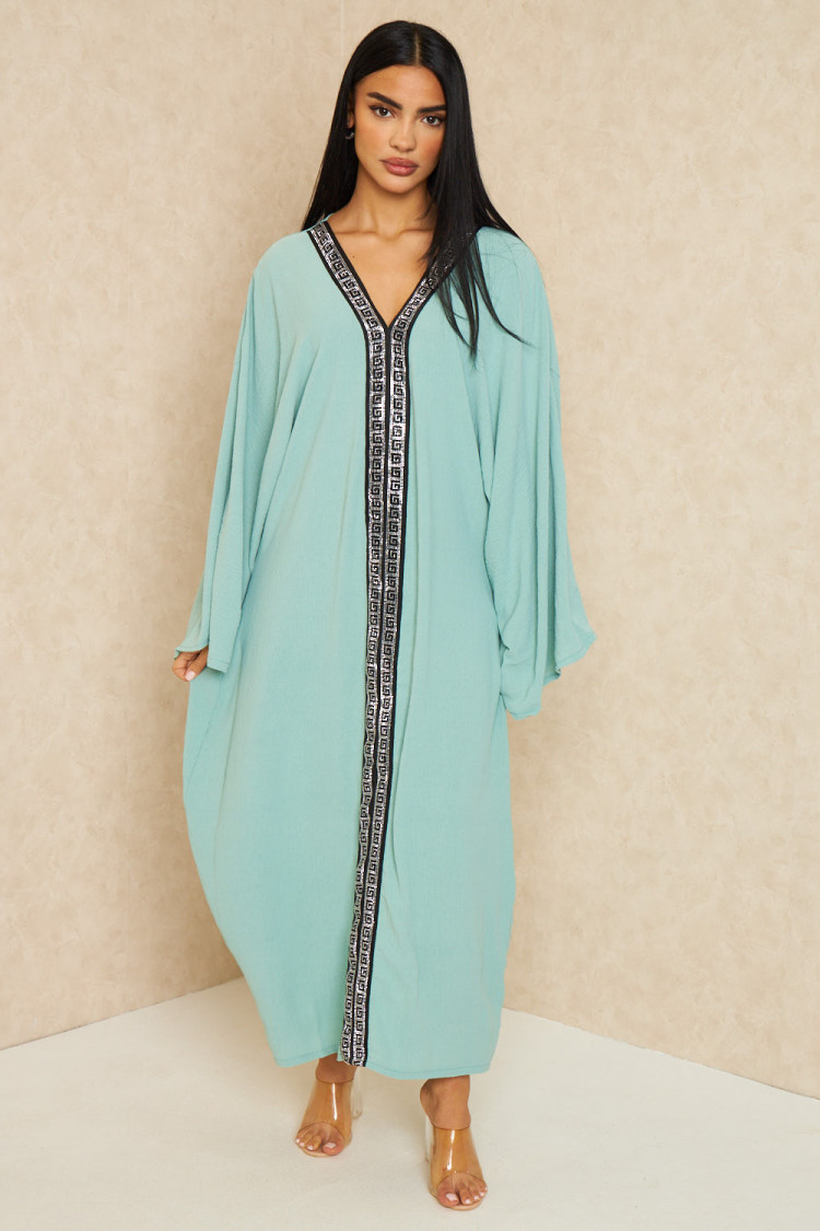 Abaya vert d'eau bandes à motif grec strass