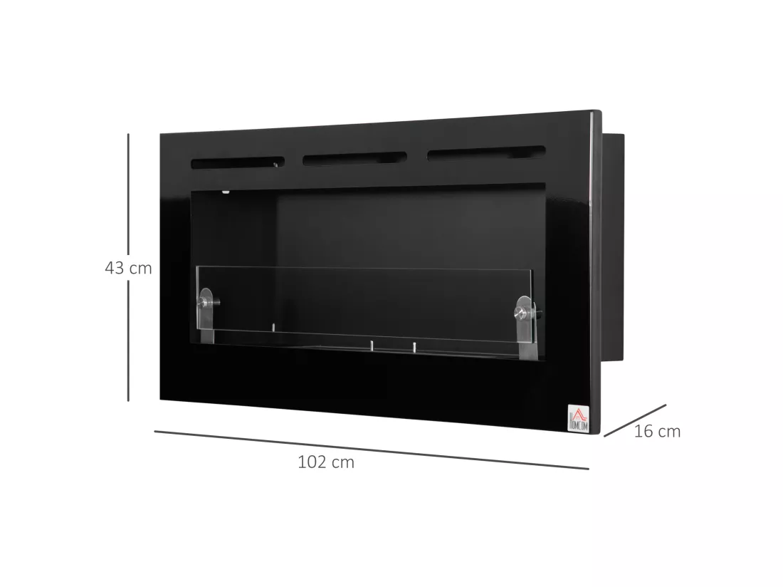 Cheminée bioéthanol murale design contemporain - réservoir 2,8 L couverture 30 m² - pare-feu verre trempé, kit fixation inclus - dim. 102L x 16l x 43H cm