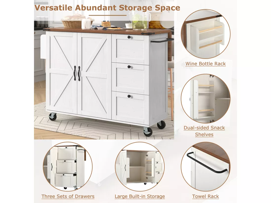 Ilot central de cuisine mobile avec 2 portes et 3 tiroirs - plateau extensible - 140 x 45/73 x 92.5 cm - Bois MDF + métal - Blanc + naturel