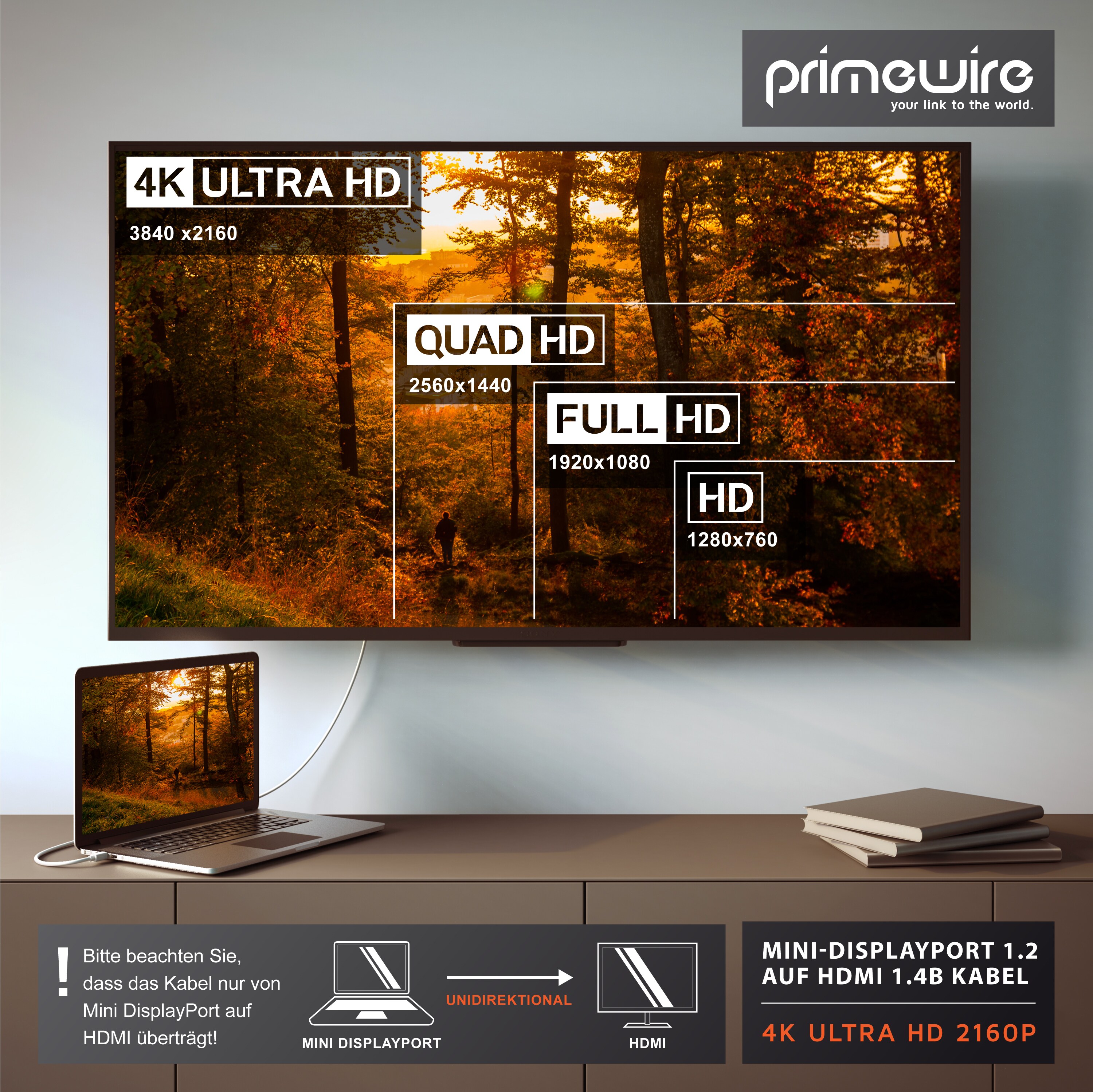 Primewire Mini DisplayPort zu HDMI Typ A Audio- & Video-Kabel, 4K miniDPUHD 2160p Adapter / Konverterkabel - 2m