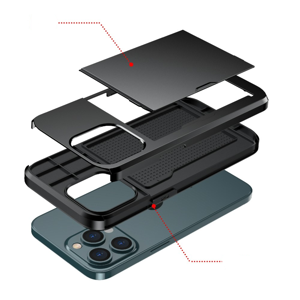 iPhone 13 Hybrid Hardcase Hülle mit integriertem Karten Portemonnaie (aufschiebbar) - Schwarz