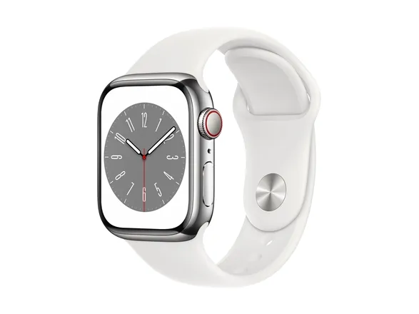 Apple Watch Series 8 (GPS   Cellular) - 41 mm - sølv rustfrit stål - smart ur med sportsbånd - fluoroelastomer - hvid - båndstørrelse: Almindelig - 32 GB - Wi-Fi, Bluetooth, LTE, UWB - 4G - 42.3 g