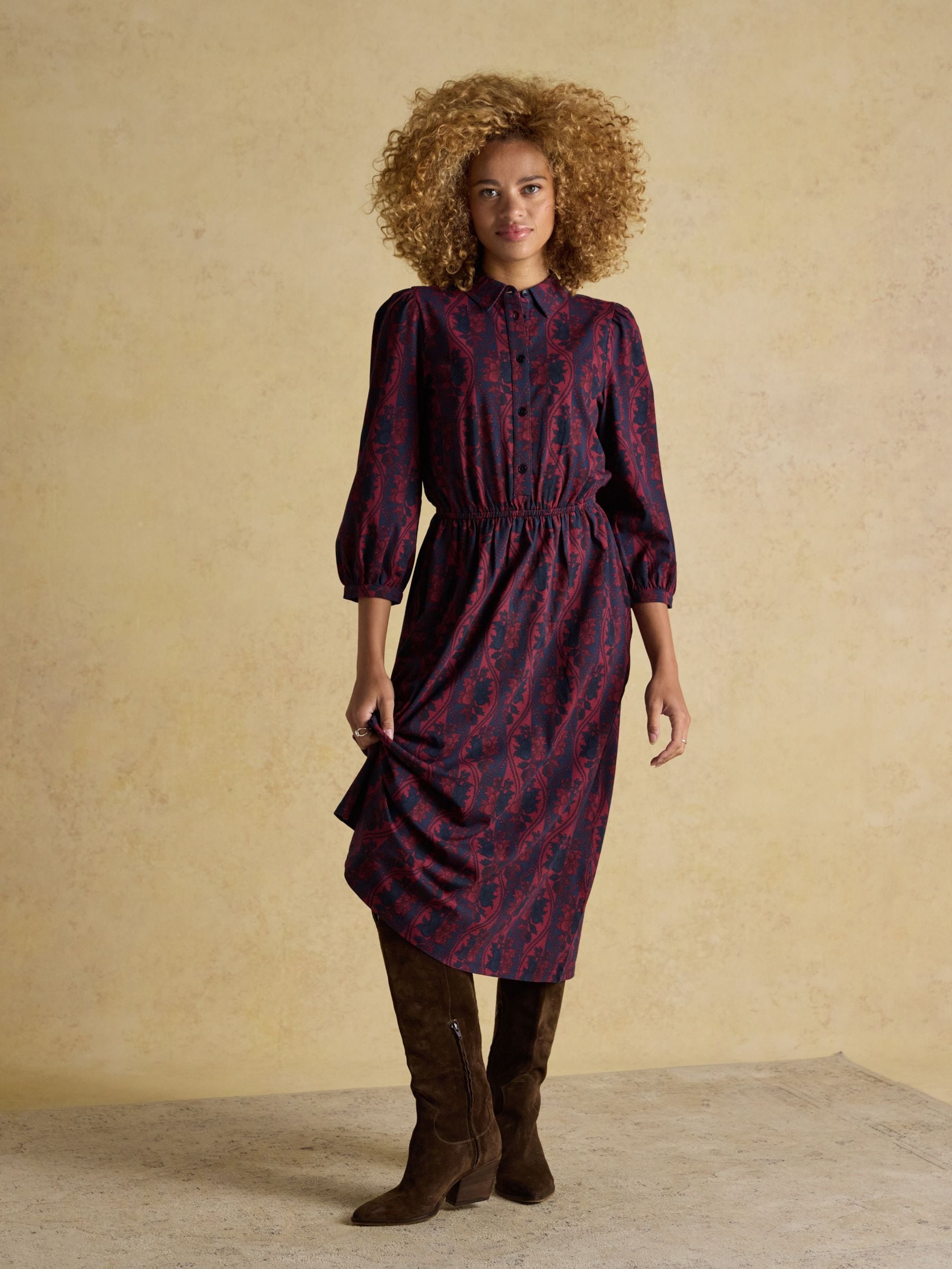Bordeauxrood - Joules Hazel Jersey Midi Long Sleeve Shirt Dress with Collar