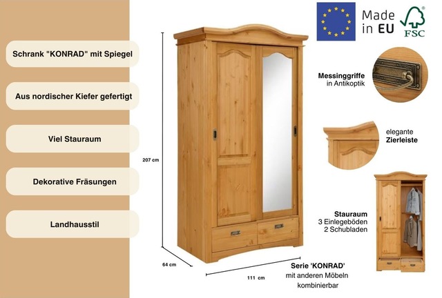 Home affaire Schiebetürenschrank »Konrad« B/H/T ca. 111/207/64 cm,  Breite 111 cm, aus massiver, FSC®-zertifizierter Kiefer